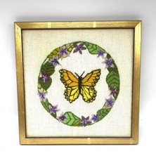 Vintage Crewel Embroidery Art 8 x8 Gold Wood Framed Butterfly Monarch 1970s
