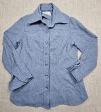 VINTAGE John Meyer Shirt Womens 10 Blue Wool Blend Collared Button Front 70s