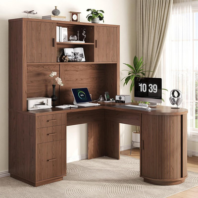 70.87 H L Shaped Executive Desks with Hutch, Fluted Corner Desk with 3 Drawers &