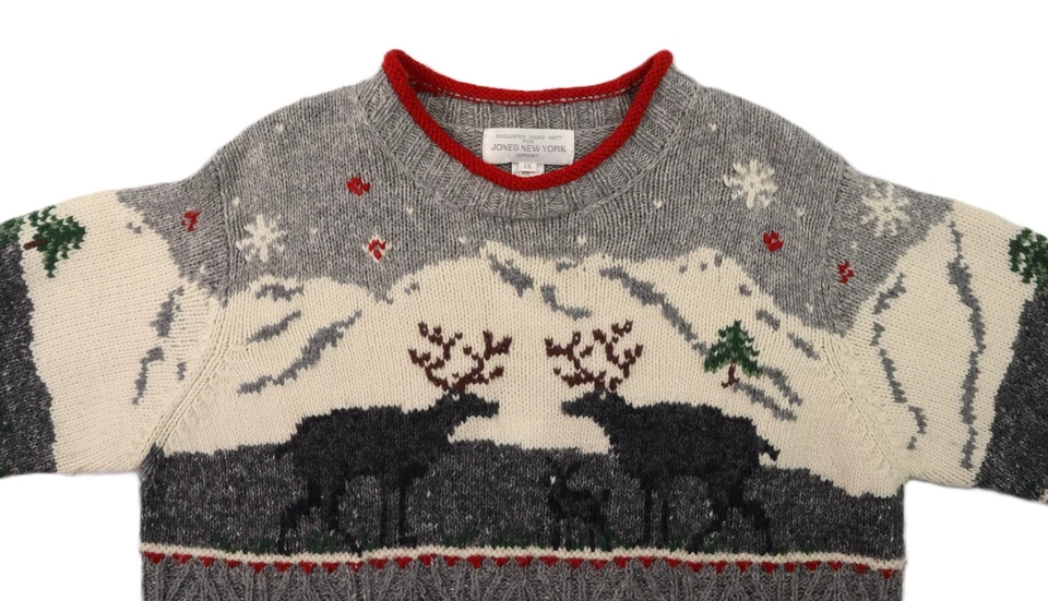 JONES NEW YORK 女式 XL 灰色粗针织羊毛驯鹿圣诞毛衣 — 第 3/4 张图片