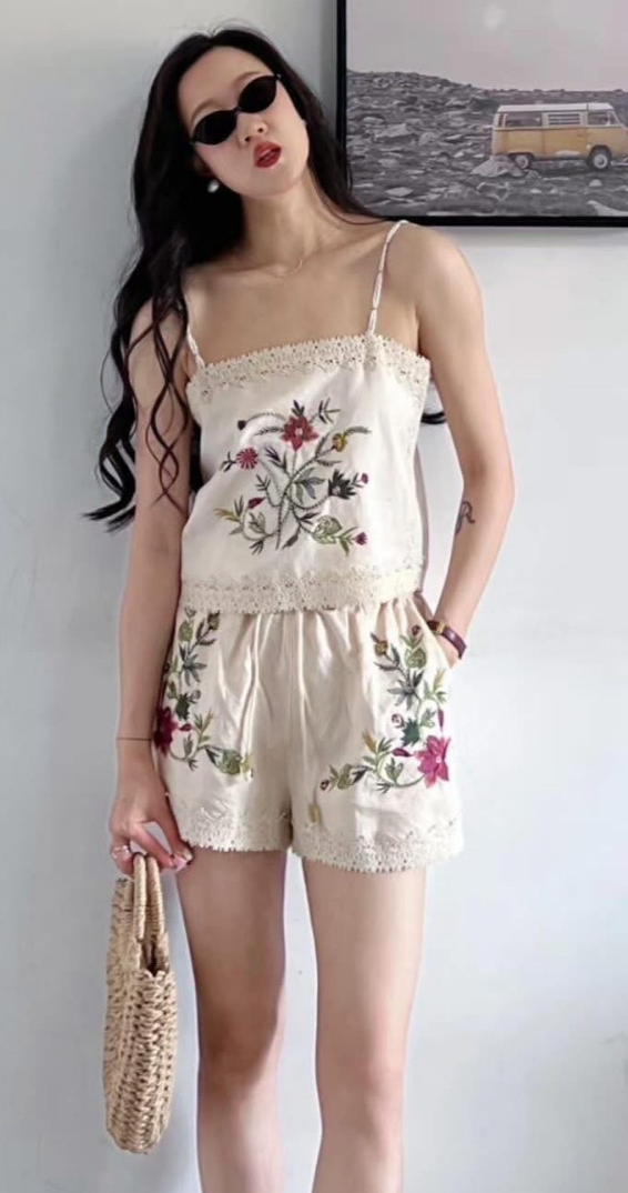 Zara ZW Collection Embroidered Co Ord Set Top Bermuda Shorts XS