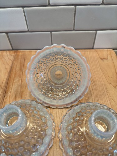 Vtg Three Anchor Hocking Moonstone Hobnail Opalescent Clear Candle Stick Holders - Bild 3 von 3