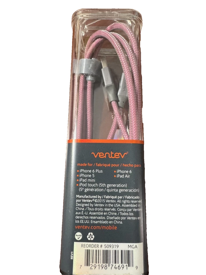 Ventev ChargeSync Lightening Braided Cable Tangle-Free - 4' - Pink - Image 3 of 3