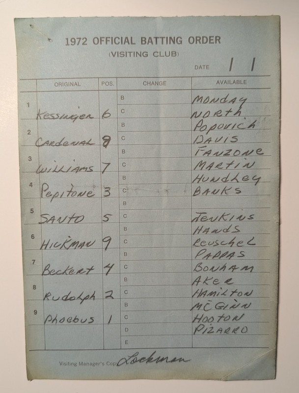 Chicago Cubs 8-14-72 game-used lineup card -- Ernie Banks' last appearance