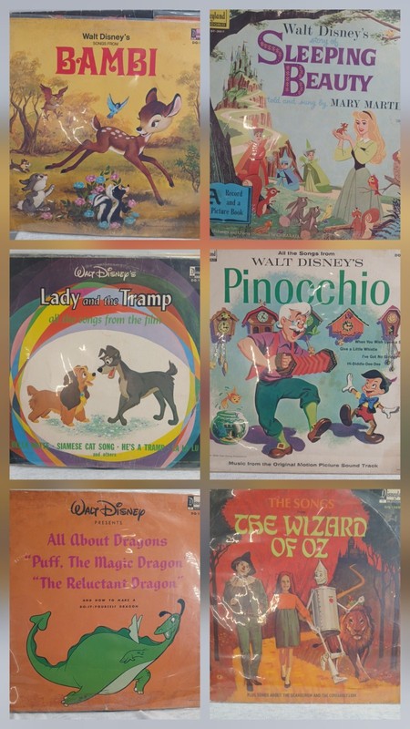 Lot 6 Disney Vinyl Records 1950's 60's Bambi Lady Tramp Beauty Oz Puff Pinocchio