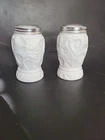 Vtg Pearlescent white milk glass Strawberry Pattern salt & pepper shakers 4 1/2”