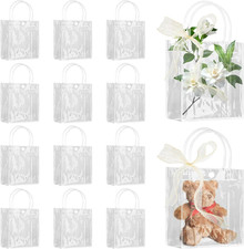 12 Pcs Gift Bags with Handles, Reusable with Champagne Ribbon, Clear Plastic Gif