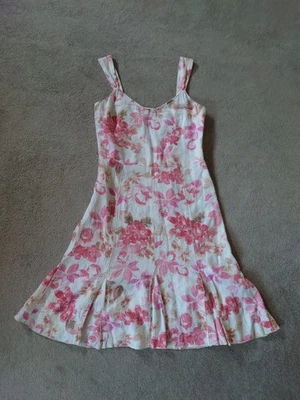 Per Una Linen Pink White Floral Strappy Summer Sun Dress 12 Holiday Cruise - Image 1 of 4