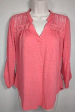 Signature Studio Coral Crochet Shoulder Knit Top Size Small 3/4 Sleeve