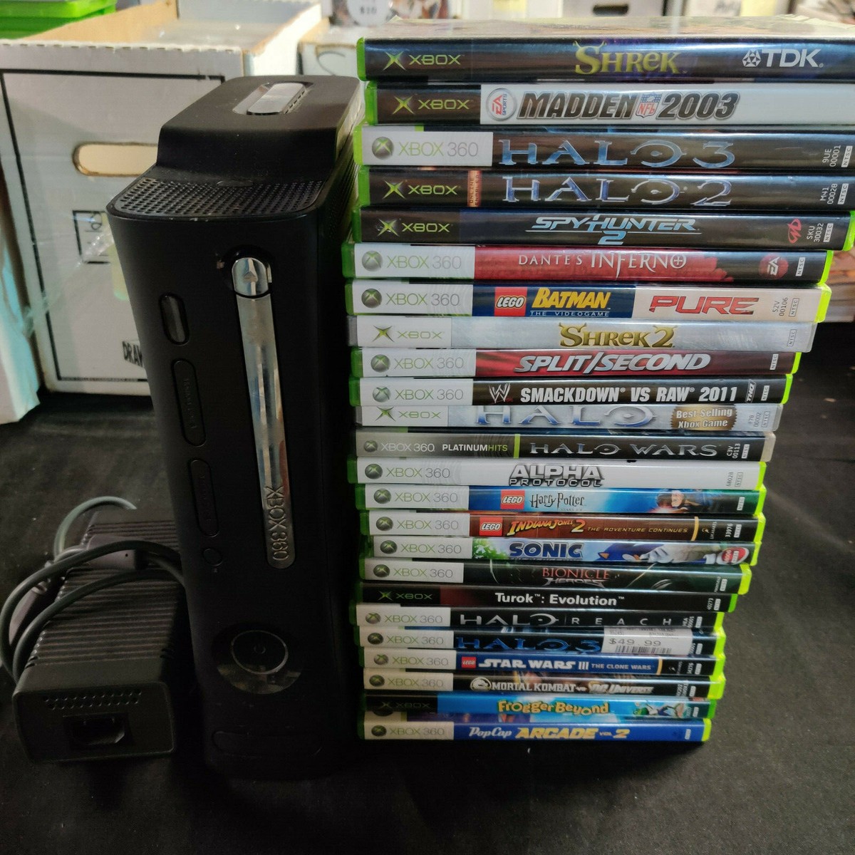 X-BOX 360 BASE SYSTEM 120 GB HDD AND 24 GAMES - NO CONTROLLER OR