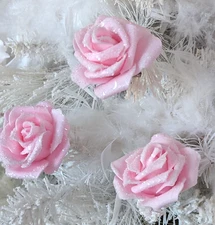 Shabby Chic Victorian 3 Pink Rose Glass Glitter Clip Christmas Tree Ornaments