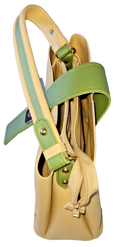 Ladies Handmade Shoulder Bag, Synthetic Leather, Color: Green & Tan, Size: Large - Picture 9 of 15
