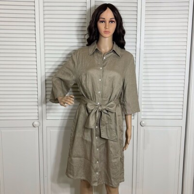 J. Peterman Linen Collared Shirt Knee Length Dress with Sash Tan Color Size  10 | eBay