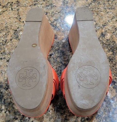 Tory Burch Gold Logo Elina Orange Leather Wedge Slides Sandals Womens Shoes 10 - Picture 9 of 13