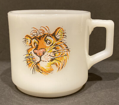 Fire King Esso Exxon Mobil Tiger in Your Tank Milk Glass Coffee Mug Cup Vintage