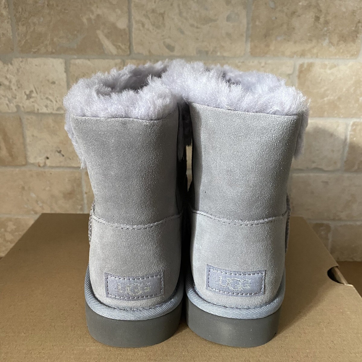 UGG CLASSIC UGG GEM MINI GREY SAMT SUEDE FAUX FUR STUDS BOOTS SIZE