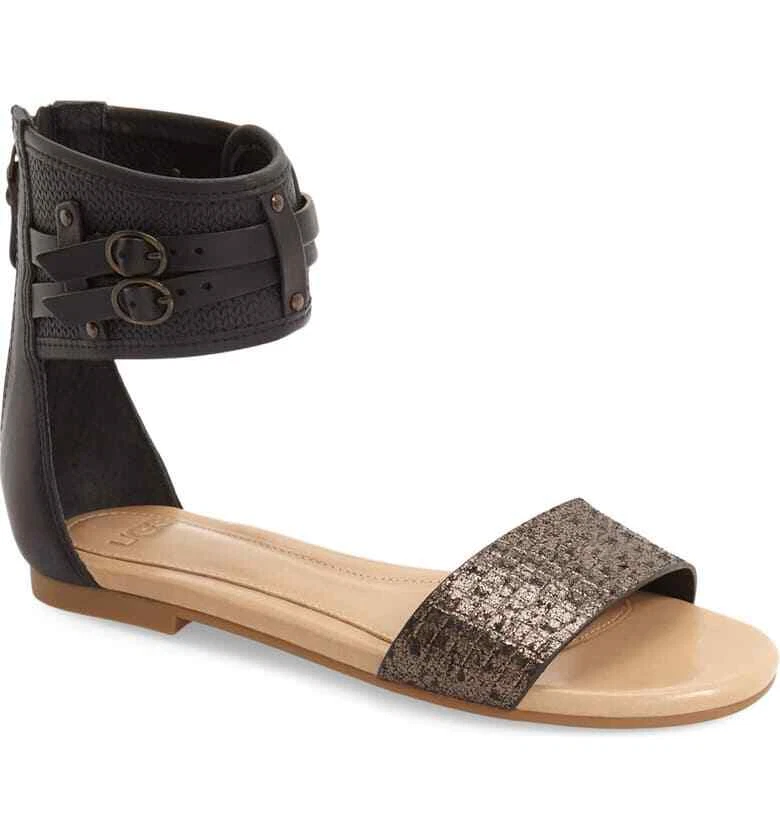 SANDALO UGG "SAVANA" CESTINO METALLIZZATO NERO GOFFRATO CINTURINO ALLA CAVIGLIA TAGLIA 8~NUOVO