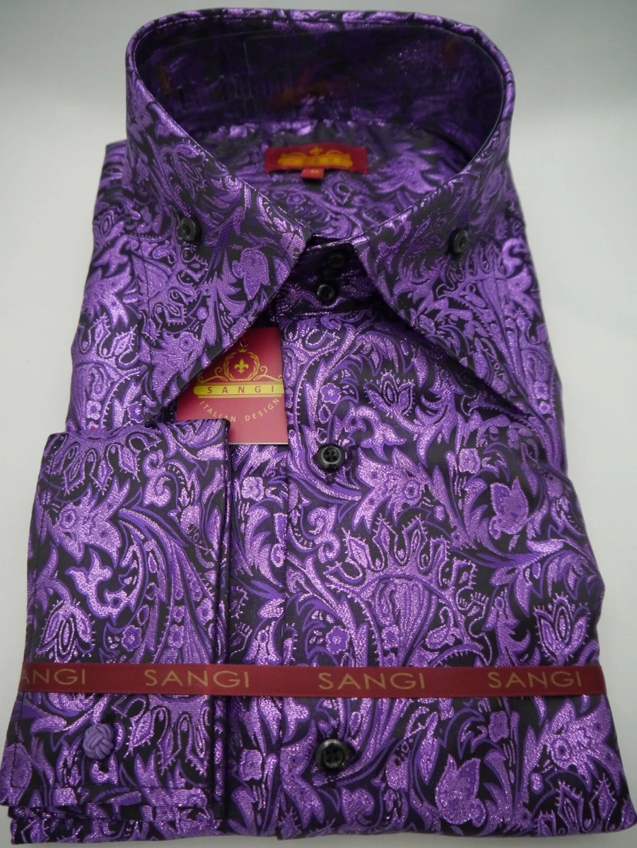 Mens Purple Sparkle Foil Ivy Paisley High Collar Designer Shirt SANGI MILAN 2053