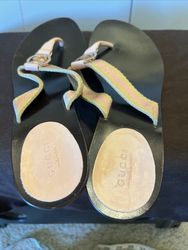 Gucci 9 GG Logo Sandals Mid Kitten Heels THONGS Flip Flop Slides Pale Pink Gold - Picture 13 of 23