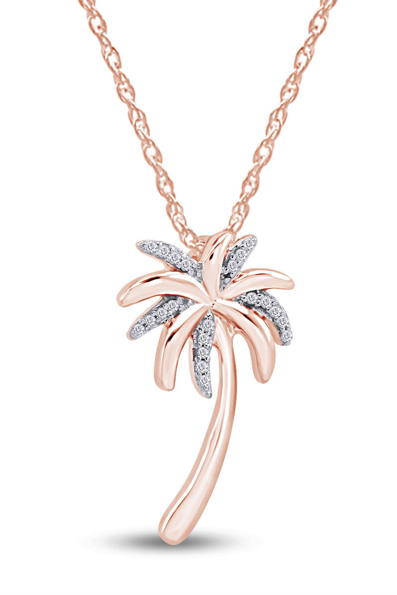 Palm Tree Pendant Necklace With Chain 18" Natural Diamond Accent 10K Solid Gold