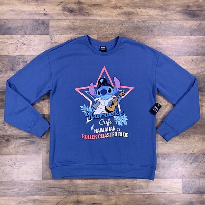 Lilo & Stitch Womens Sweatshirt Medium Blue Karaoke Cafe Hawaiin Roller Coaster