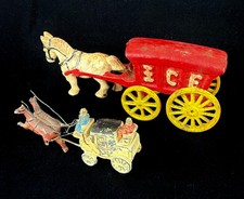 2 Antique Cast Iron Flawed German Mini Stage Coach Lg Ice Wagon and Horse