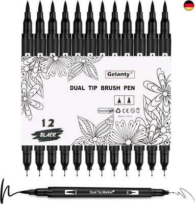 Filzstifte Schwarz, 12 Stück Dual Brush Pen Set, Fineliner Stifte Set,