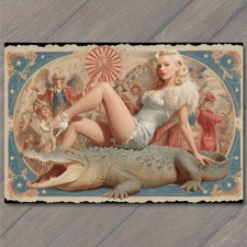 POSTCARD Circus Woman Glamorous Dress Alligator Carnival Stars Vintage Poster