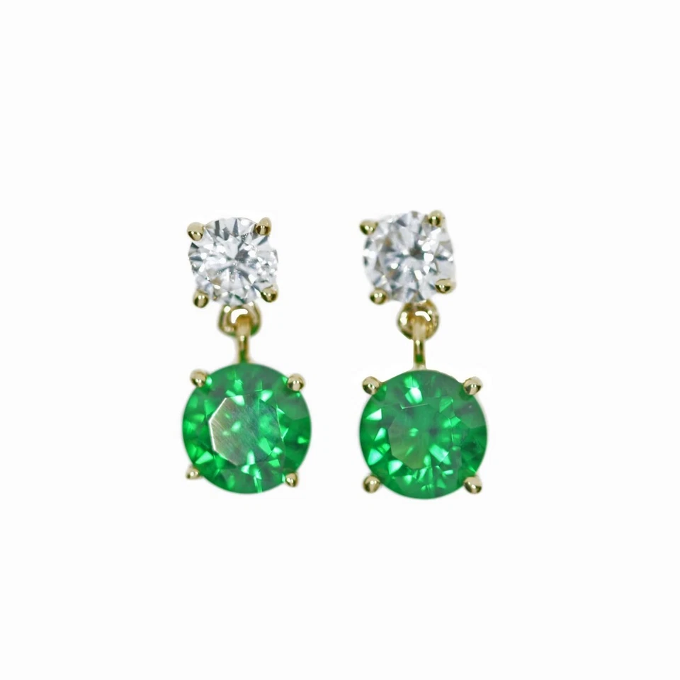 14K Yellow Gold Emerald Diamond Dangle Stud earrings for women Anniversary Gifts - Image 4 of 4