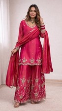Latest New Pink Simmar Silk Kurta Palazzo With Dupatta For Wedding Wear