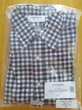 NWOT Thom Browne Blue Shepherd  Check Grosgrain Sleeve Stripes TB4 16-35
