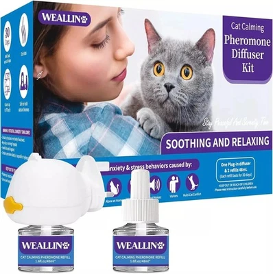 WEALLIN 3-In-1 Plug in Cat Calming Kit with 1 Diffuser & 2 Refill 48ml Vial for 60 Days