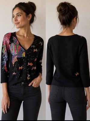 Michael Simon Black Cardigan with Sequin Bird Motif Size S