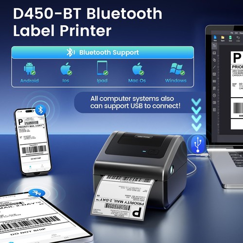 Stampante etichette spedizione Bluetooth 4x6 - D450BT stampante termica etichette per spedizione... - Foto 2 di 9