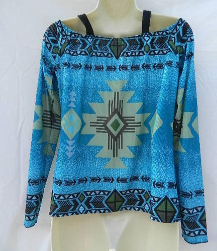 Chicyea Womans Top Size XL Strappy Chain Open Shoulder Long Sleeve Southwest - Picture 4 of 11