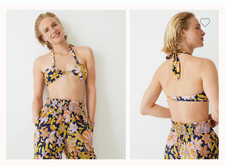 J.CREW Bow Halter Tie Bikini Top Dusk Floral Orange Navy Multi Back Hook SZ S