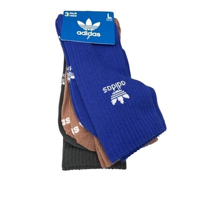 Adidas Men's Crew Socks 3 Pair Pack Blue Brown Grey Moisture Wicking Size L