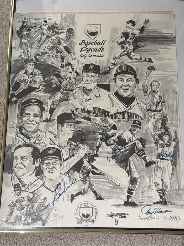 1989 Signed Baseball HOF Legends Golf Scramble Poster Framed (17 autos) HOF