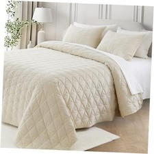 Luxury Velvet Quilt Set - 90"x90" Geometric Stitched Triple-Layered Queen Beige