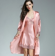 100 Pure Silk Women chemise Robe Pajama Set Sleepwear Nightgown L-2XL XM002