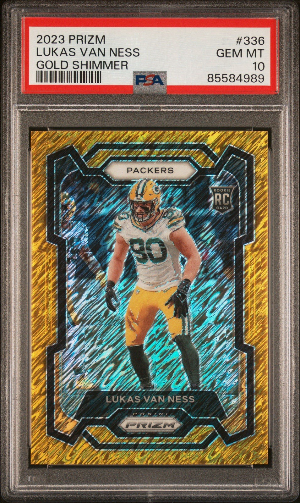 2023 Panini Prizm #336 Lukas Van Ness Gold Shimmer /10 RC Rookie PSA 10 Packers