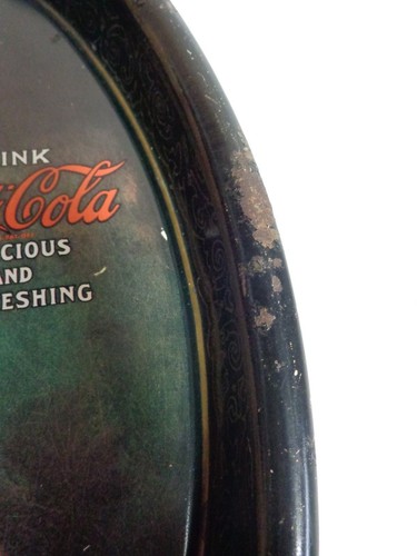 Coca Cola Drink Tray Vintage Black Metal Oval 15" x 12.5" Pink Lady Refreshing - Picture 4 of 7