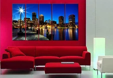 Boston Skyline ready to hang 5 panel mounted wall art/surpassed stretched canvas