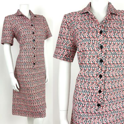 VINTAGE 60er 70er WEISS SCHWARZ ROT GEOMETRISCH GESTREIFT OP-ART SHIRT MOD KLEID 12 14