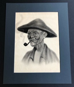 VINTAGE VIETNAMESE / SOUTH ASIAN ORIGINAL CHARCOAL DRAWING ON PAPER WITH SIGNED