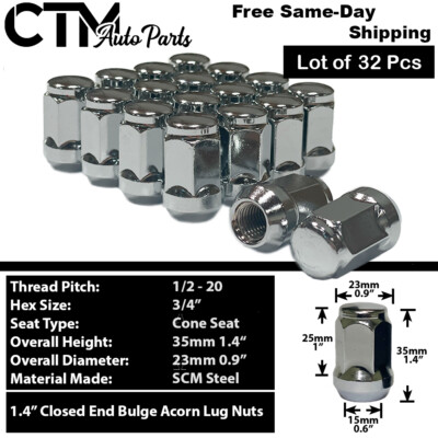 32x 1.4'' Chrome 1/2-20 Cone Seat Acorn Lug Nut 3/4 Hex Fit Old Ram3500 F250/F350