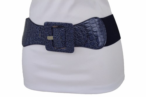 New Women Dark Navy Blue Elastic Faux Leather Fashion Wide Belt Hip Waist XS S M - Picture 5 of 12