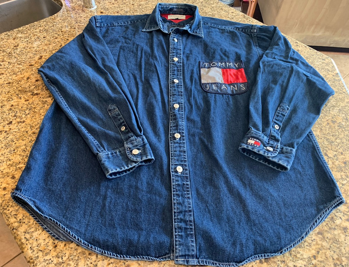 TOMMY Hilfiger JEANS Flag Pocket Denim Casual Shirt 90s Size L