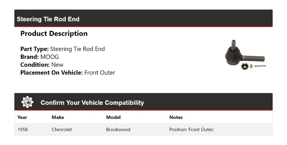 Para Chevrolet Brookwood 1958 extremo de barra de dirección delantero exterior MOOG Foto 2 de 4