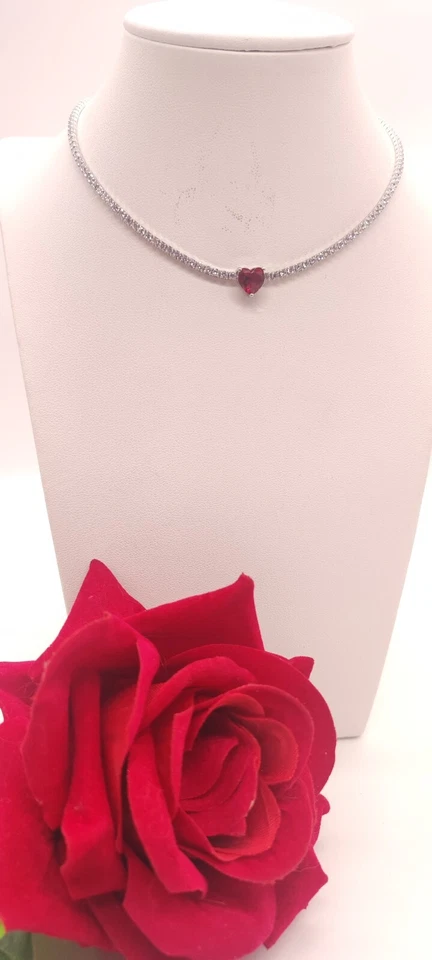 Choker  collana tennis in Argento 925  zirconi bianchi  e  Cuore Rosso Rubino - Immagine 3 di 4